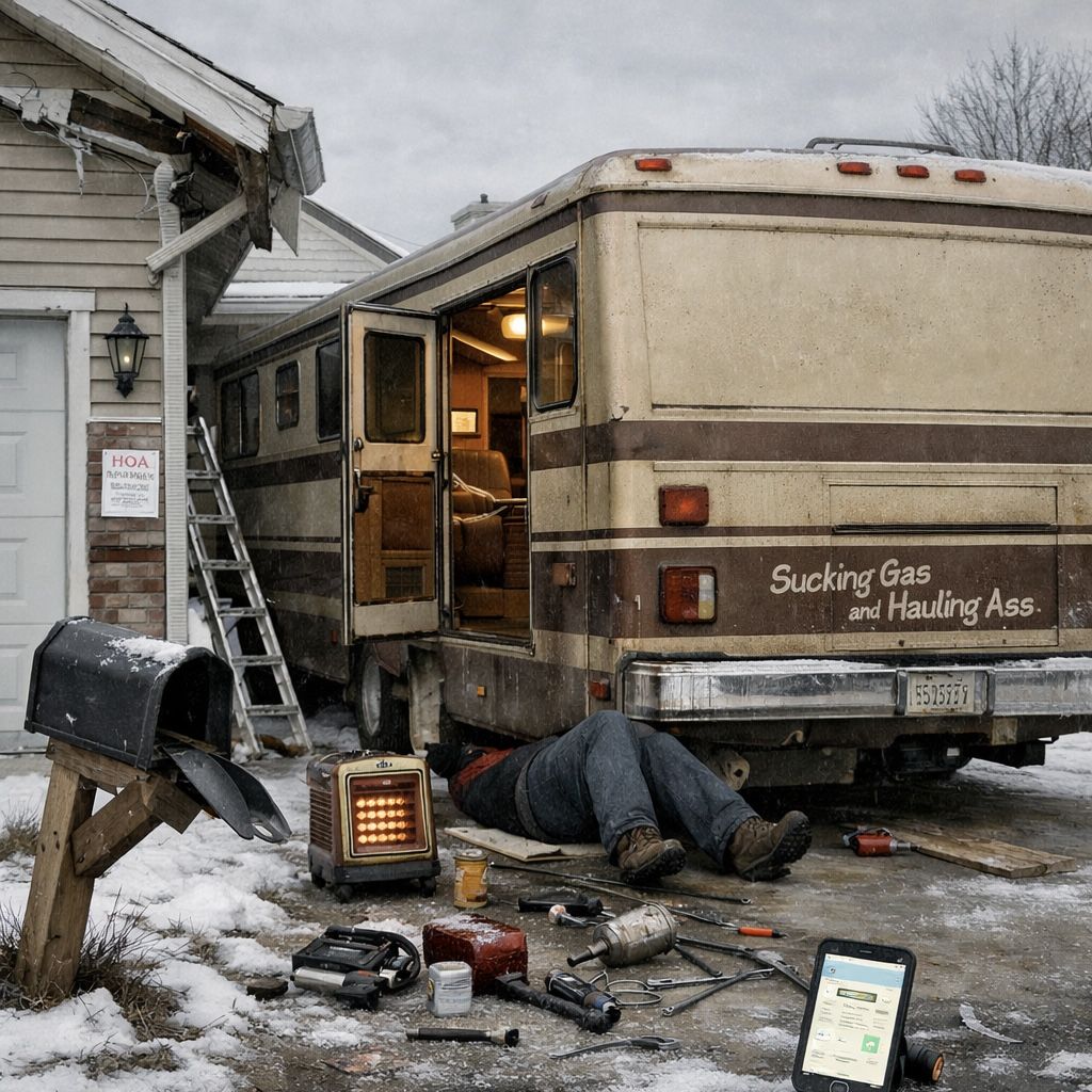 Another view of the same suburban driveway scene: the motorhome with its door open and interior lights on, a knocked-over mailbox in the foreground, a ladder against the house, a red space heater on the ground, tools and a phone laid out on the snow, and a pair of legs protruding from under the vehicle.