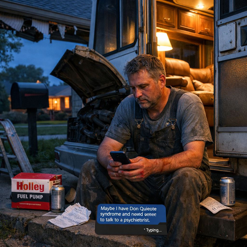 A man in dark work overalls sits on the entry step of a motorhome at dusk, phone in hand, a Holley fuel pump box and a can beside him on the concrete. Behind him the open doorway glows with warm interior light. A mailbox and bare winter trees are visible across the street. On his phone screen, a message about Don Quixote syndrome and a psychiatrist.
