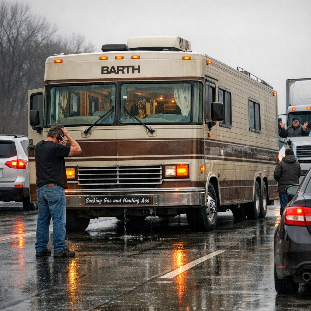 A large cream and brown Barth motorhome sits dead in a wet road with cars stopped around it. A man in dark clothes stands in the road beside the open driver's door with a phone to his ear, looking up at the vehicle. Grey winter daylight, wet asphalt, brake lights.