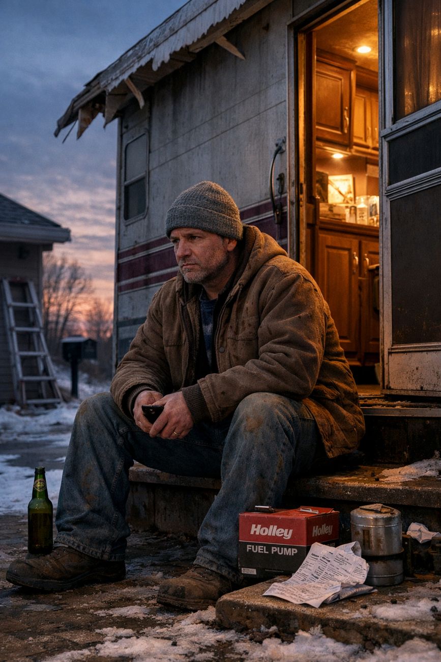 A man in a grey beanie and grease-stained work jacket sits on the entry steps of a motorhome at dusk in winter, holding his phone and staring into the middle distance. Behind him the open door glows with a warm, finished wood interior. On the step beside him: a Holley fuel pump box, a filter, printed pages, and an unopened bottle of beer. In the background, a leaning ladder, a mailbox, and torn soffit on the house.