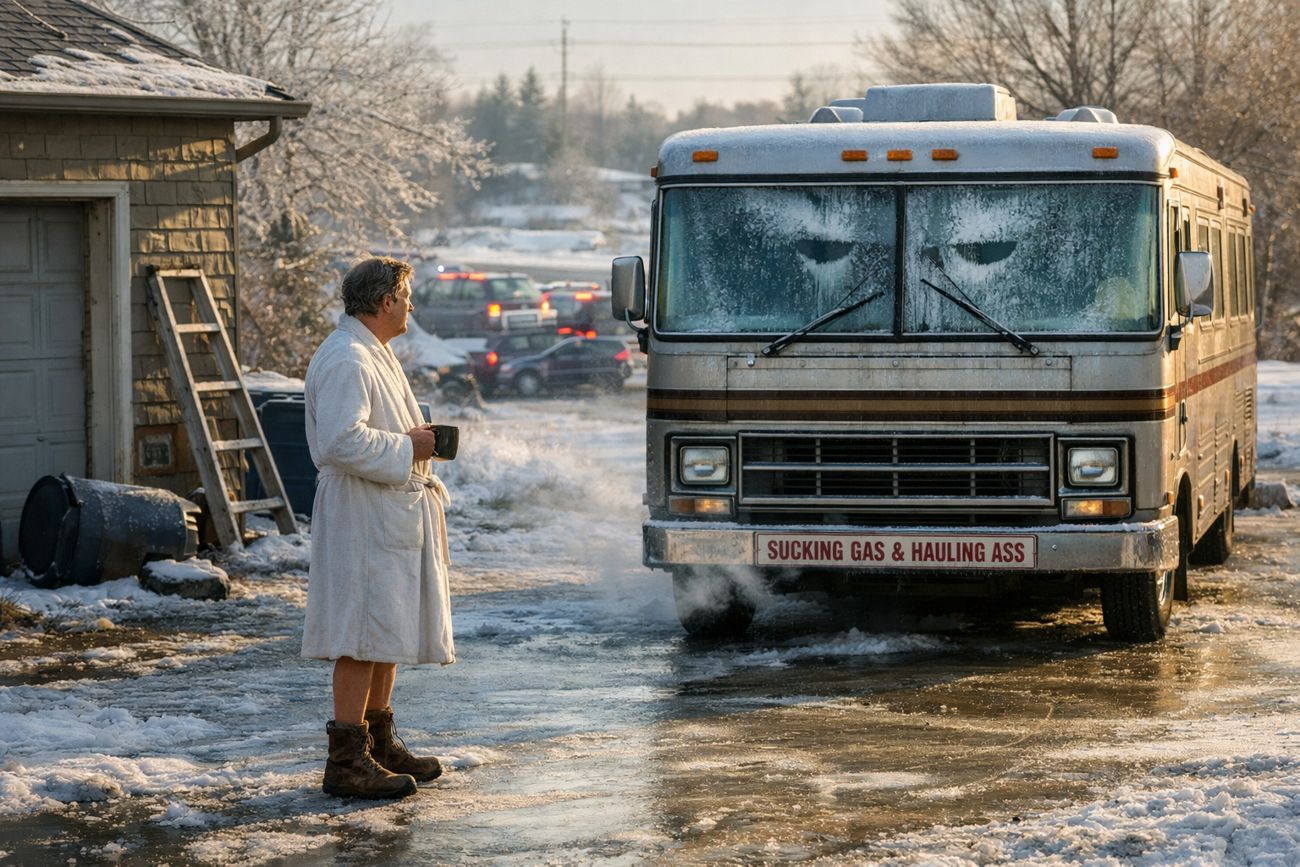 A man in a white bathrobe and untied work boots stands on an ice-slicked driveway holding a mug of coffee, facing a large 1980s motorhome with a frost-covered windshield and exhaust curling from underneath. Emergency lights from a multi-car pileup flash on the road behind him. A bumper placard on the motorhome reads SUCKING GAS AND HAULING ASS.