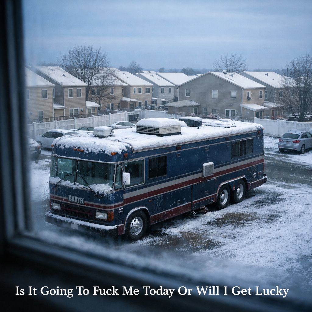 A second version: the same view down onto a snow-covered dark blue and maroon motorhome parked in a driveway in a beige suburban development, snow accumulated on its roof and air conditioning unit, seen through cold window glass under a flat grey sky.