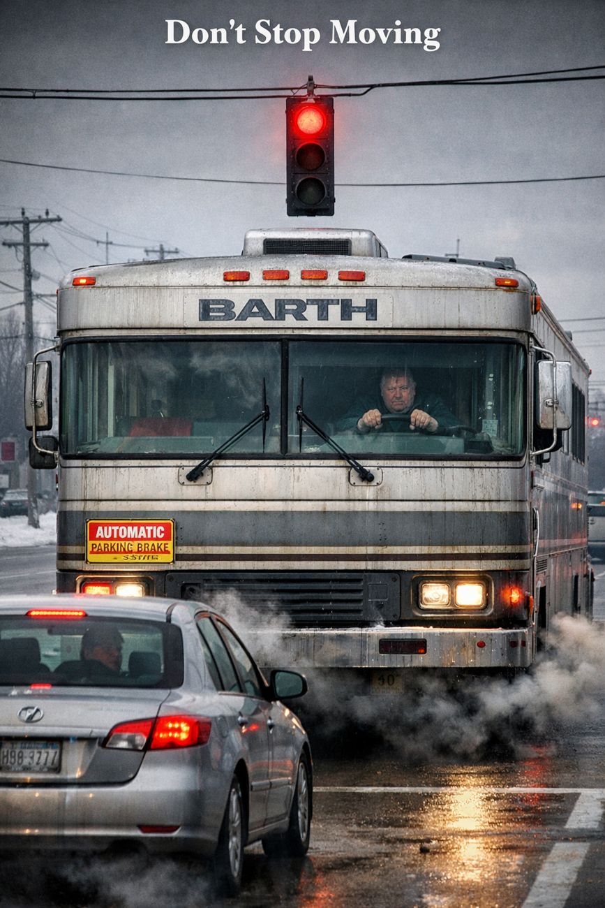 A Barth motorhome photographed head-on at a red traffic light on a wet winter street, headlights on, exhaust boiling up around its front bumper, a car waiting alongside. The driver is visible through the windshield gripping the wheel. A yellow automatic parking brake sticker is visible on the glass. Title text reads Don't Stop Moving.