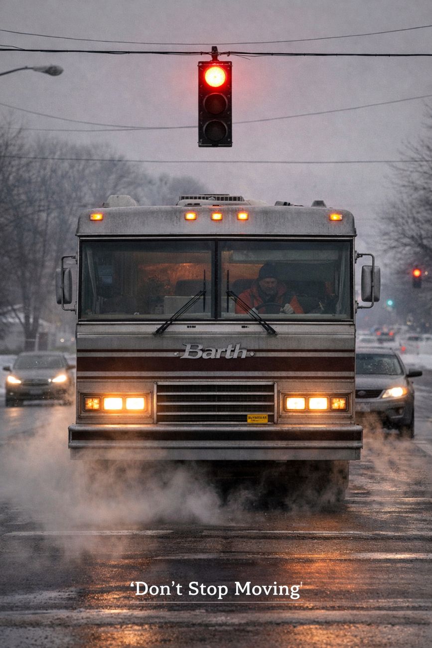 A second version of the same moment, taller crop: the motorhome dead centre under a red traffic signal on a grey sleeting street, chrome Barth script on the front, steam rising from the road, a man in an orange fleece visible through the windshield.