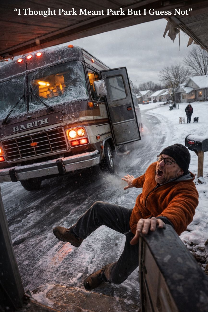 A man in an orange fleece and black beanie scrambles backward onto a low wall, mouth open, one arm raised, as a large grey and maroon Barth motorhome with its driver's door swinging open slides down an icy driveway toward him. Snow sprays from the tires. In the background, a neighbour walks two dogs, not looking.