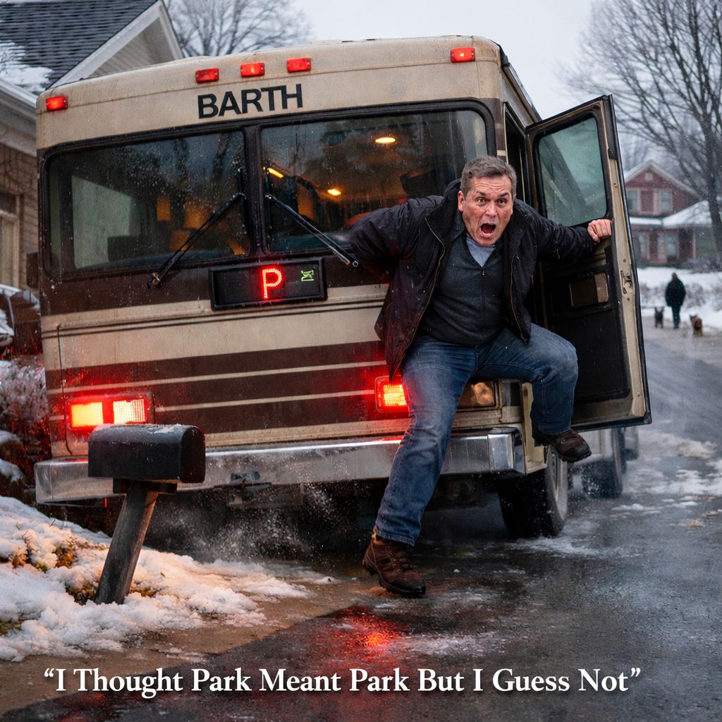 A Barth motorhome rolls backward down a snowy driveway with its driver's door swung open and the gear indicator glowing P, while a man in a dark jacket leaps from the doorway onto the ground, mouth open, one hand out. A mailbox stands in its path. Houses and bare trees line the street behind.