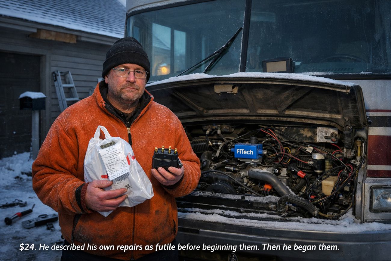 A man in an orange fleece and black beanie stands in the snow beside an open engine compartment holding a white parts bag with a receipt stapled to it in one hand and a new distributor cap in the other. The engine bay behind him is crowded with hoses and a blue FiTech unit. Caption text reads twenty-four dollars, he described his own repairs as futile before beginning them, then he began them.