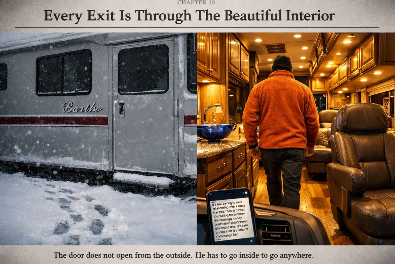 A two-panel image. On the left, the closed rear door of a snow-covered Barth motorhome with the chrome Barth script and a line of bootprints leading away through fresh snow. On the right, the interior: warm oak cabinetry, recessed lights, a cobalt blue vessel sink, a leather captain's chair, and a man in an orange fleece walking up the length of the hardwood floor toward the cab.