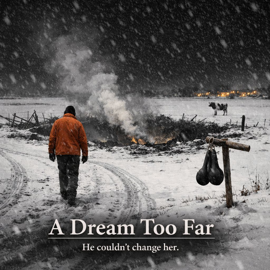 Night, heavy snow falling over a dark rural field. A smoking crater in the middle distance where a vehicle used to be, a single cow standing beyond it, and a small figure in an orange jacket walking away from the camera. A stick planted in the snow in the foreground with a pair of rubber truck nuts hanging from it. Title text reads A Dream Too Far, he couldn't change her.