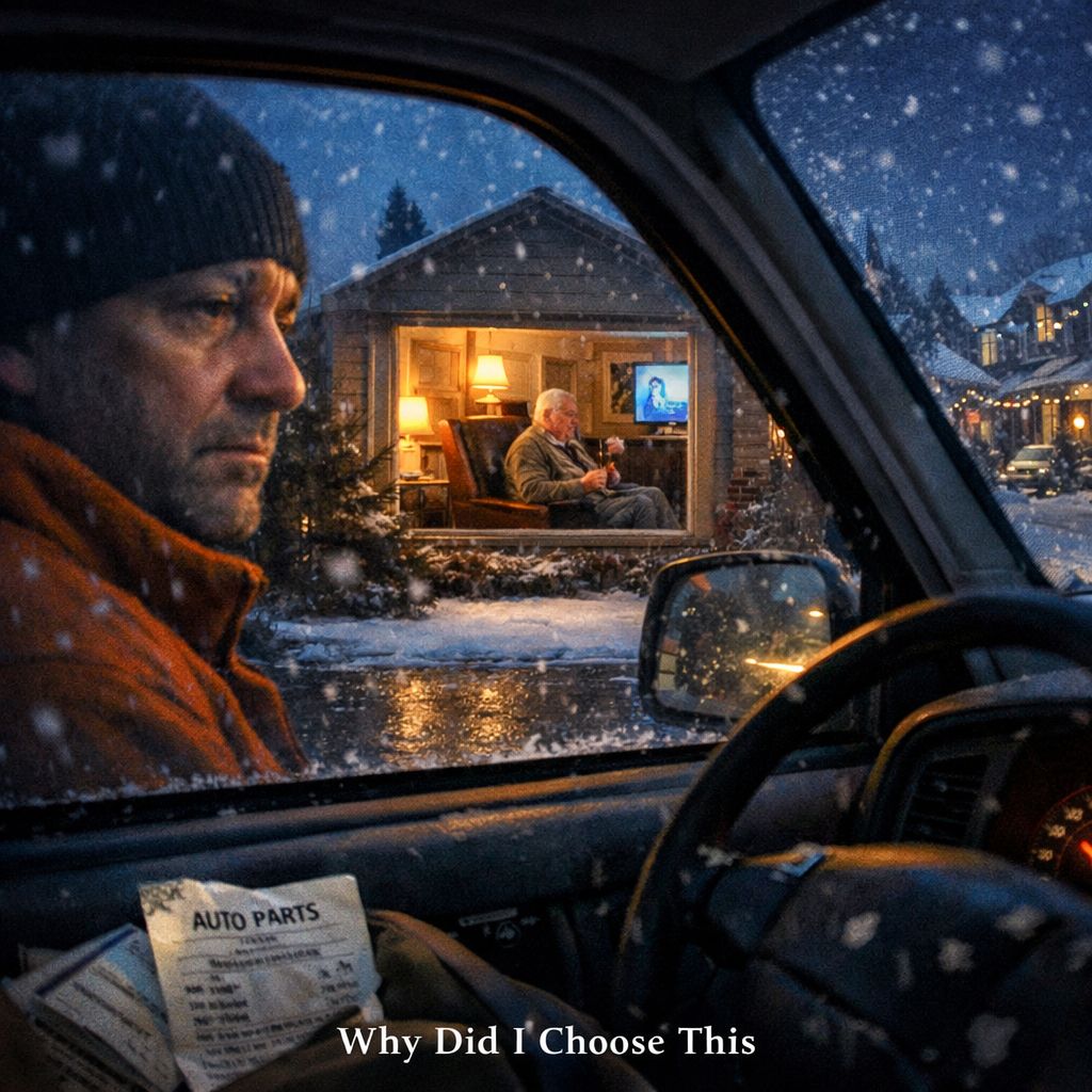 View from inside a moving vehicle at dusk in light snow, looking out the driver's window at a house with a large warmly lit front window. Inside, an older man sits in an armchair watching television. The driver's face is ghosted in the glass reflection, in a beanie, looking out. Title text reads Why Did I Choose This.