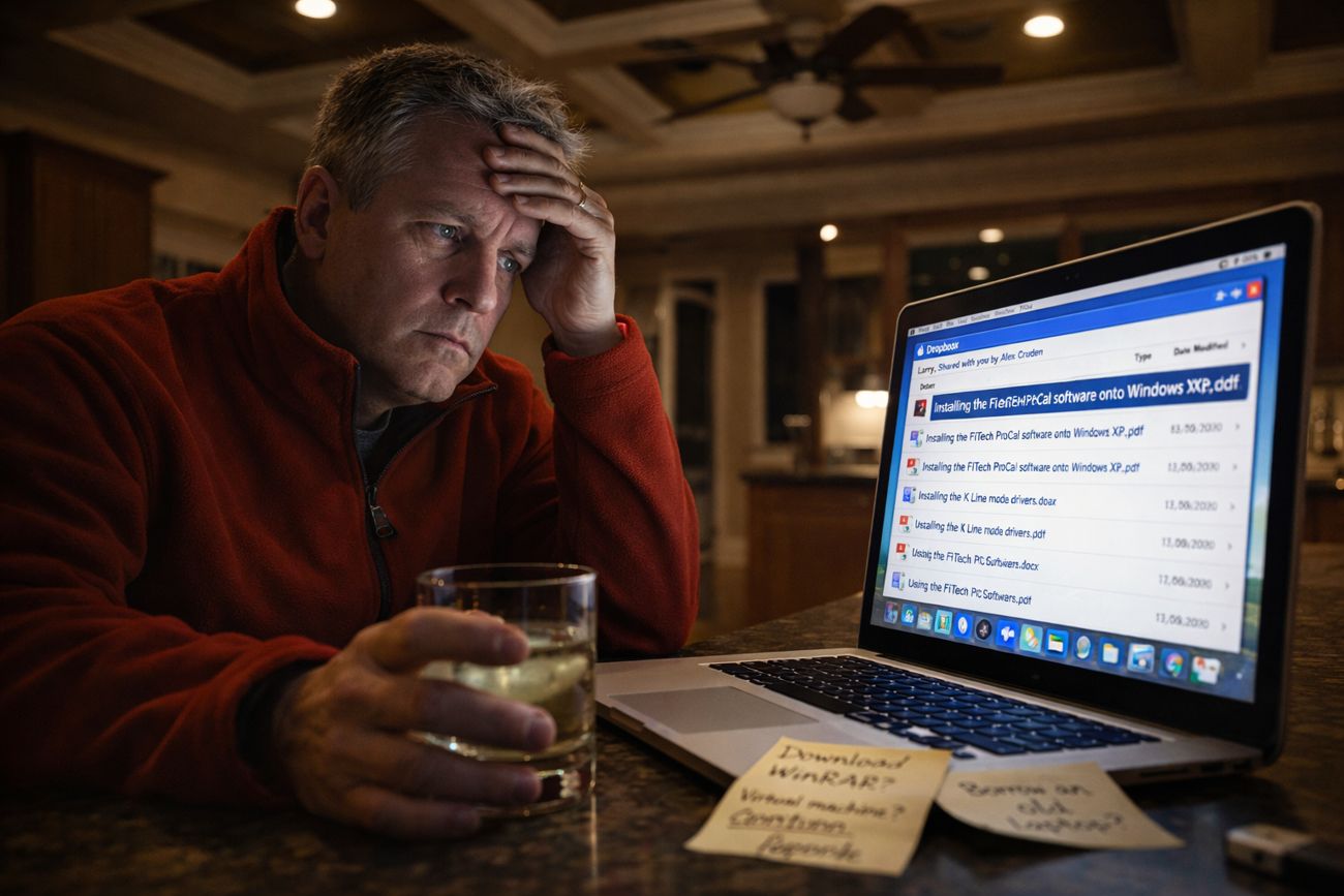 A man in a red fleece sits at a dining table late at night, one hand on his forehead, a glass of whiskey in the other, staring at an open laptop showing a list of file downloads. Warm lamplight, a dark panelled ceiling above, handwritten notes on the table.