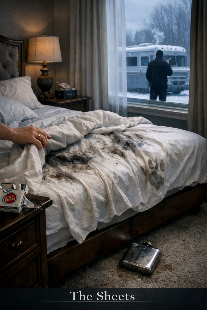 A nicely furnished bedroom in grey morning light. White bed linen is smeared with dark grease handprints, a hand pulling back the covers at the edge of frame. A flask lies on the carpet beside the bed and a pack of cigarettes sits on the nightstand. Through the window, the motorhome is parked outside in the snow with a man standing beside it. Title text reads The Sheets.