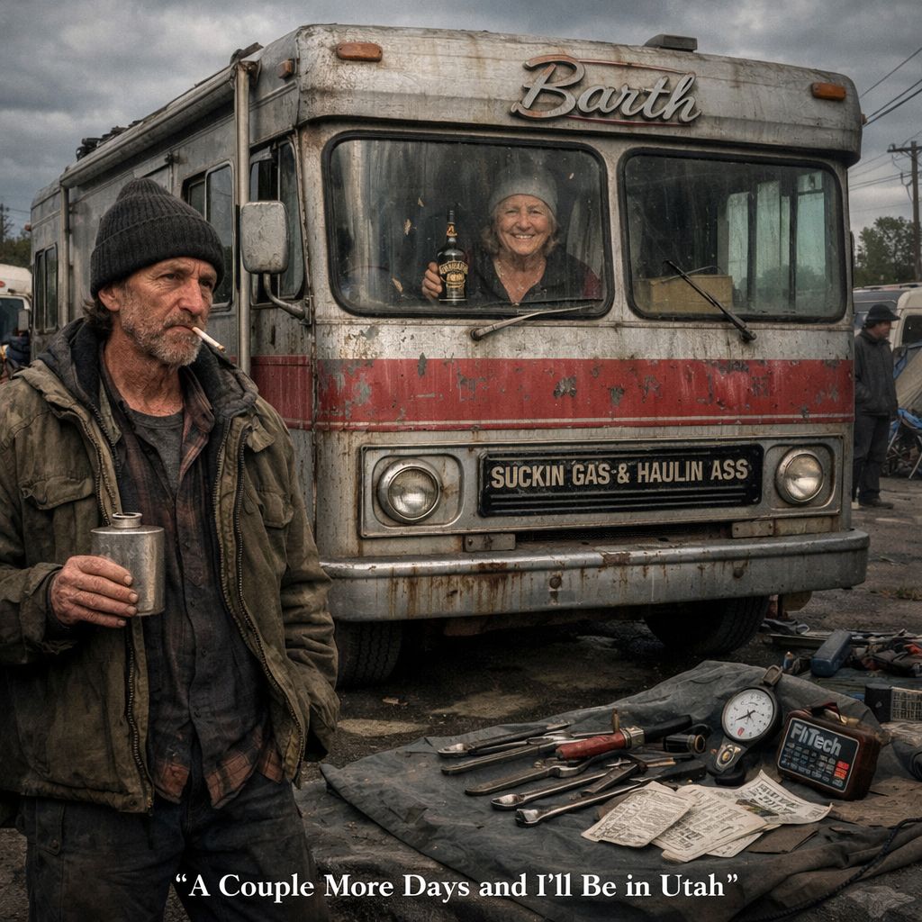 A second version of the same fictional scene: the same weathered man with a flask standing in front of a faded red and cream Barth motorhome, tools laid out on the ground, a woman grinning through the windscreen, RVs and figures in the street beyond.