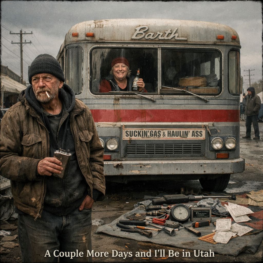 A thin, weathered man in a filthy jacket stands holding a metal flask in front of an oxidised Barth motorhome with a Suckin' Gas and Haulin' Ass placard on the grille. Tools and parts are spread on the ground around him. A woman is visible smiling through the windshield. Behind them, a street of derelict vehicles and onlookers. Caption text reads A Couple More Days and I'll Be in Utah.