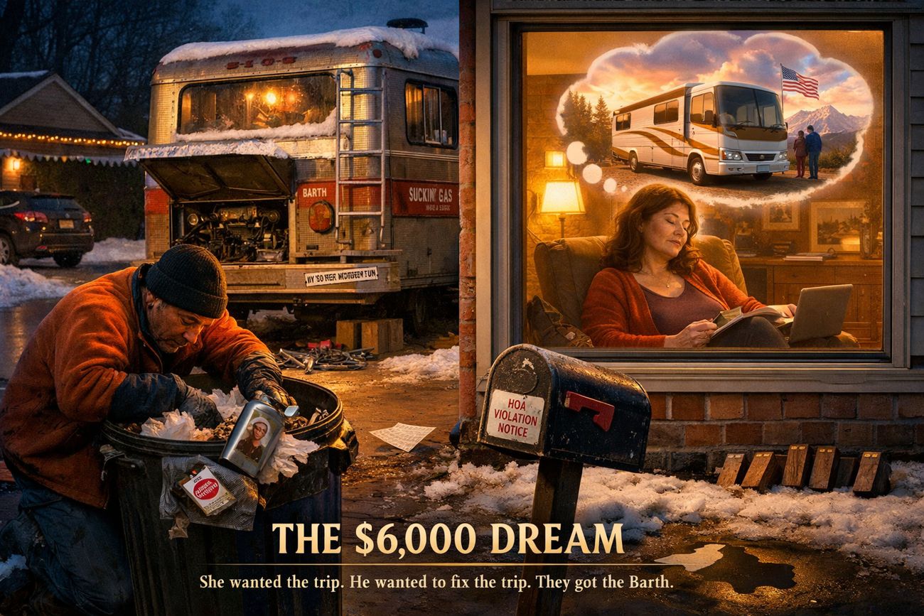 A dusk scene split between outside and inside. Outside, a man in an orange jacket crouches over an open bin beside a motorhome up on blocks, digging through rubbish. Inside a lit window, a woman sits in an armchair with a travel magazine open on her lap, a gleaming modern motorhome at a scenic overlook floating above her in a thought bubble. Title text reads The $6,000 Dream, she wanted the trip, he wanted to fix the trip, they got the Barth.