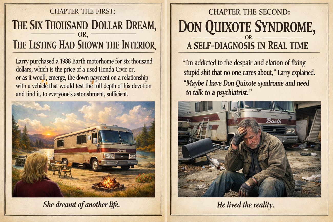 A two-page spread styled like an old illustrated book. The left page, headed Chapter The First: The Six Thousand Dollar Dream, shows a painting of a gleaming motorhome parked by a lake at sunset with a woman watching from a chair, captioned she dreamt of another life. The right page, headed Chapter The Second: Don Quixote Syndrome, shows a man in work clothes sitting exhausted with his hand on his head beside a battered Barth in a junk-strewn yard, captioned he lived the reality.