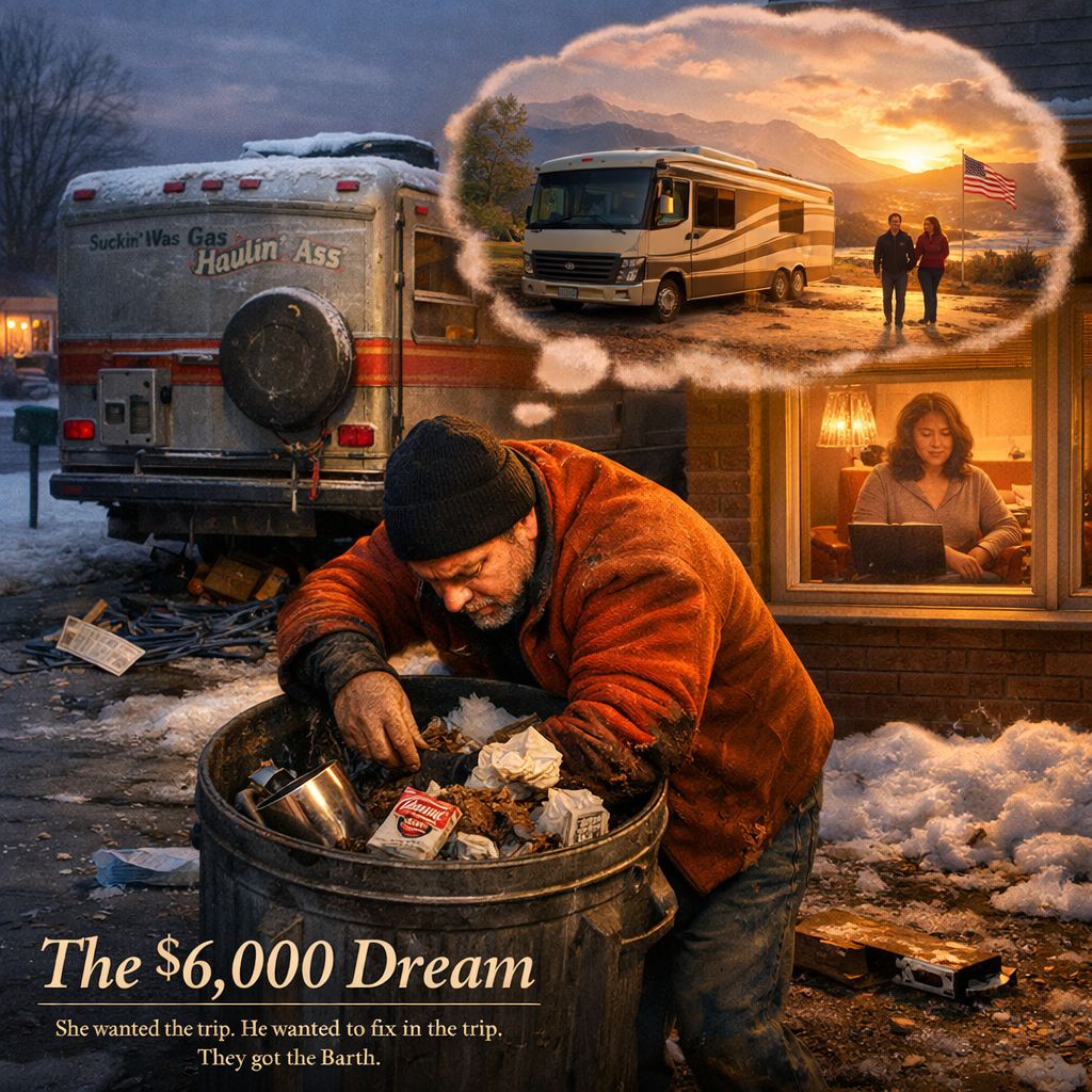 A second composition of the same idea, closer in: the man in an orange fleece and beanie bent over a wooden barrel of rubbish in the snow at dusk, and behind him a lit window in which a woman reads a magazine beneath a floating vision of a modern motorhome at sunset with a couple walking toward it.