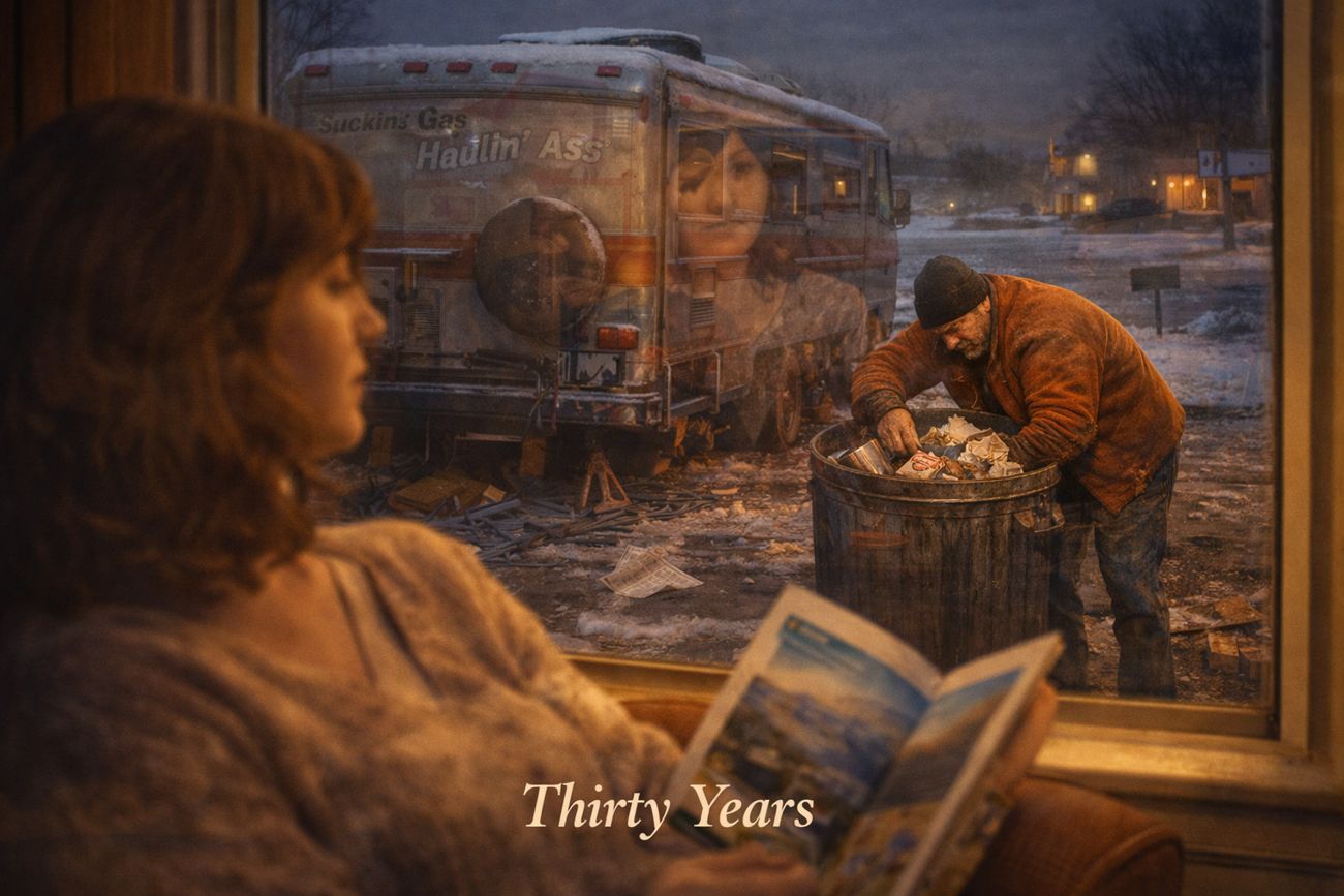 A woman sits in profile in a warmly lit room with a book open on her lap, looking out through a window. Beyond the glass, in dim blue evening light, a man in an orange jacket crouches over a barrel of rubbish beside a motorhome. Title text reads Thirty Years.
