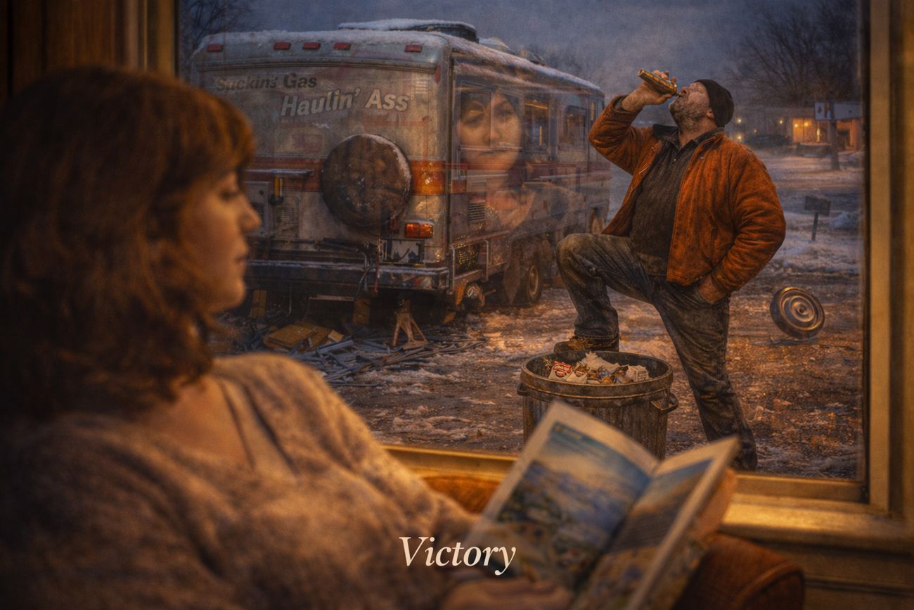 A woman in a knitted sweater sits reading a travel magazine in a warm interior, seen from behind. Through the window beyond her, a man in an orange jacket stands with one boot up on a rubbish bin, drinking from a bottle, beside a battered motorhome with a Suckin' Gas Haulin' Ass placard. A woman's face is faintly visible painted across the motorhome's side. Title text reads Victory.