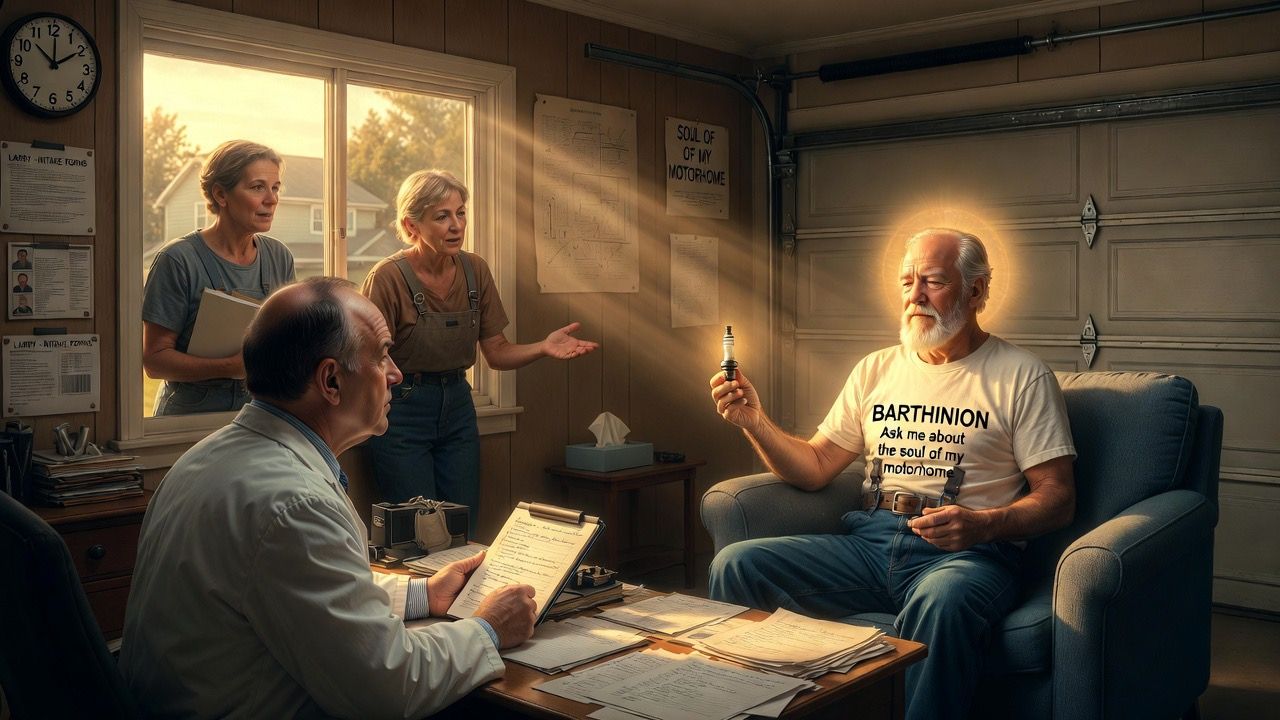 A second version of the same scene, wider: the man in the BARTHINION T-shirt sits in a blue armchair holding a spark plug aloft with a halo of light around him, a doctor at a desk taking notes in the foreground, two women standing by the window, a garage door behind, a clock on the wall.