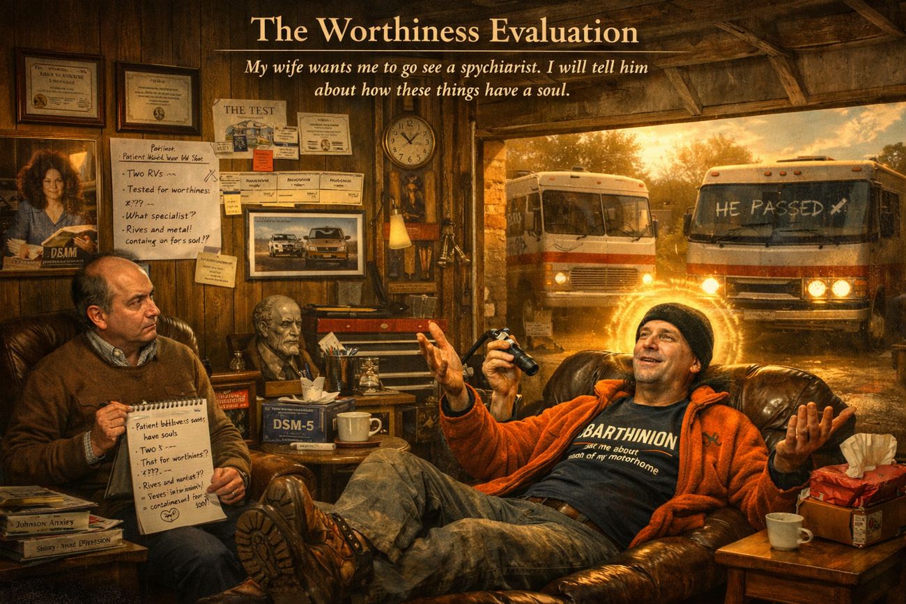 A warmly lit room with framed certificates on the panelled wall. A man in a BARTHINION T-shirt reclines in a chair raising a bottle, laughing, beside an older man holding a handwritten sign. Through the window behind them, a motorhome sits in golden light with a banner reading WE PASSED. Title text reads The Worthiness Evaluation, with the caption my wife wants me to go see a psychiatrist, I will tell him about how these things have a soul.