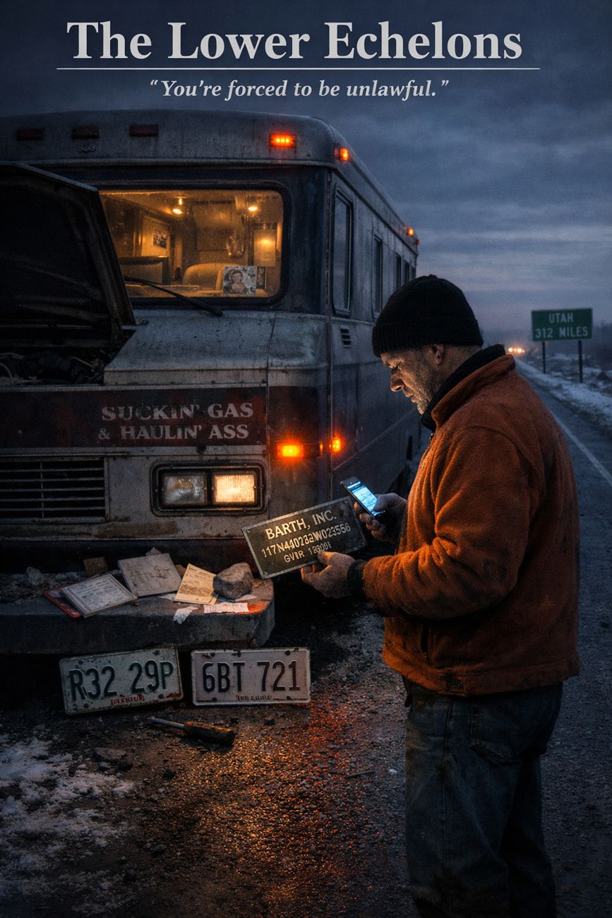 Dusk on a desolate roadside. A man in an orange fleece and beanie stands at the rear of a motorhome holding a small metal manufacturer's plaque and his phone, reading. Two licence plates lie on the ground at his feet and loose documents are scattered across the bumper and the snow. A green highway sign is visible in the distance. Title text reads The Lower Echelons, you're forced to be unlawful.