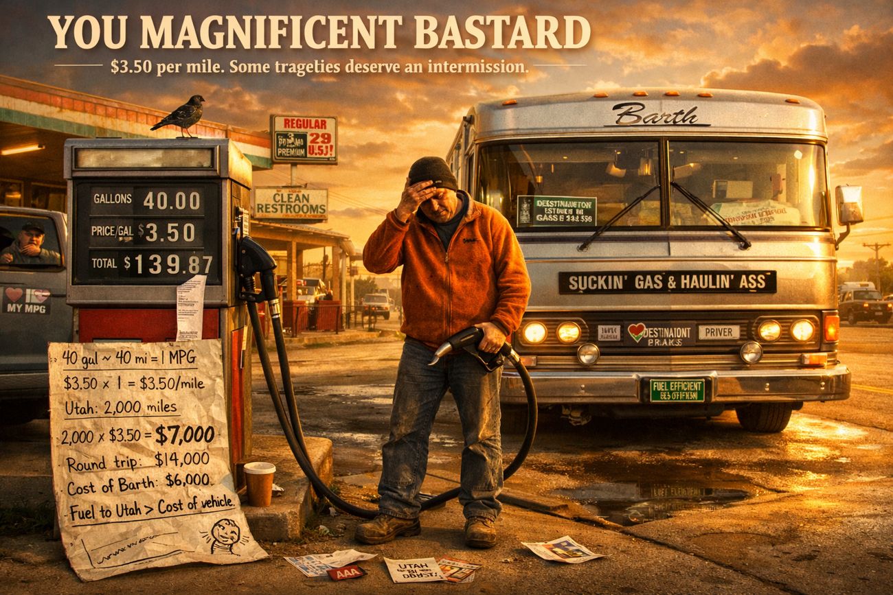 A man in an orange fleece stands at a vintage petrol pump holding a nozzle, one hand shading his eyes, in front of a Barth motorhome at golden hour. The pump display reads forty gallons at three dollars fifty for a total of one hundred thirty-nine dollars eighty-seven. A handwritten cardboard sign propped against the pump works out the arithmetic: forty gallons for forty miles is one mile per gallon, Utah is two thousand miles, two thousand times three fifty is seven thousand dollars, round trip fourteen thousand, cost of Barth six thousand, fuel to Utah greater than cost of vehicle. Title text reads You Magnificent Bastard, three dollars fifty per mile, some tragedies deserve an intermission.