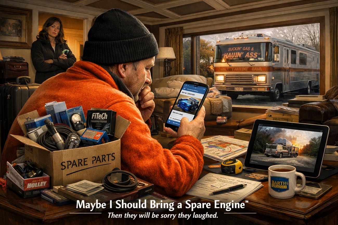 A man in an orange fleece and beanie sits in the warm wooden interior of a motorhome, thumb to his chin, looking at a phone showing a marketplace listing. Boxes of spare parts, filters and a FiTech unit sit on the table beside a laptop and a Barth-branded mug. Through the window behind, luggage waits on a driveway beside the motorhome. Caption text reads Maybe I Should Bring a Spare Engine, then they will be sorry they laughed.