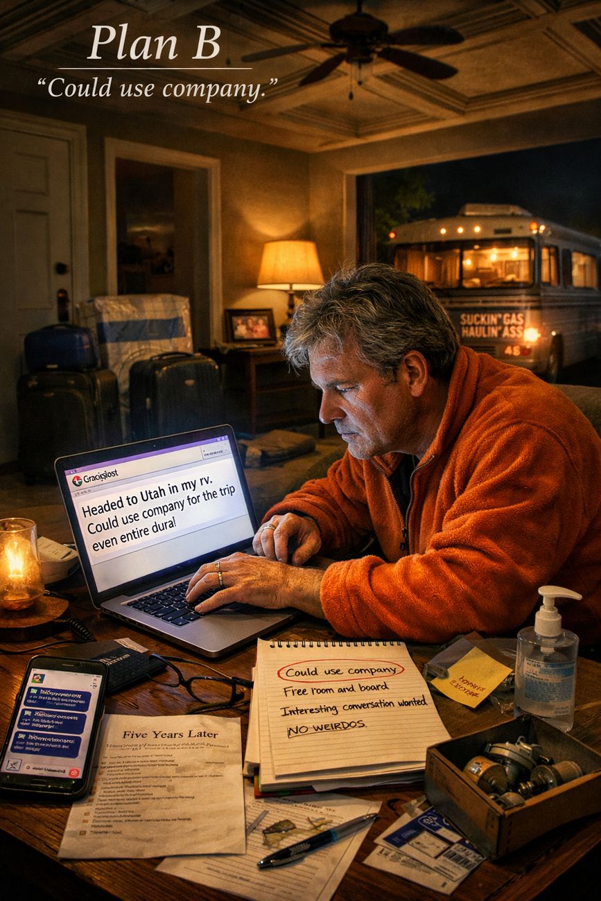A second version of the same late-night scene, wider: the man in the orange fleece hunched over a laptop at a table strewn with notes, phone and glasses, the lit Craigslist advert on screen, a lamp beside him and the motorhome visible through the window behind.