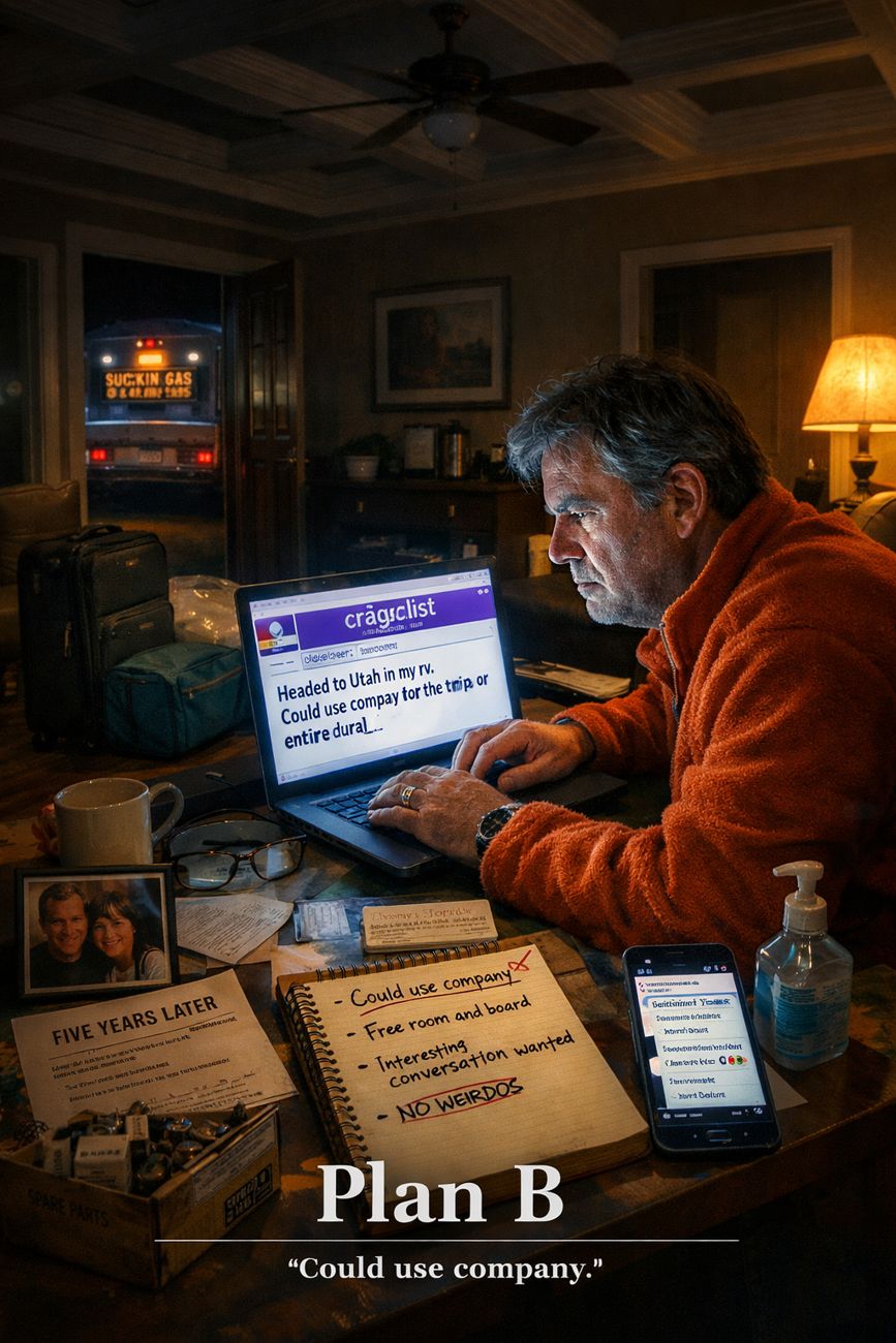 Night in a room with a coffered ceiling. A man in an orange fleece sits at a laptop showing a Craigslist rideshare posting that reads headed to Utah in my RV, could use company for the trip or entire duration. A handwritten notepad, a phone, packed luggage and a framed photograph surround him, and through the window a motorhome is parked in the dark. Title text reads Plan B, could use company.