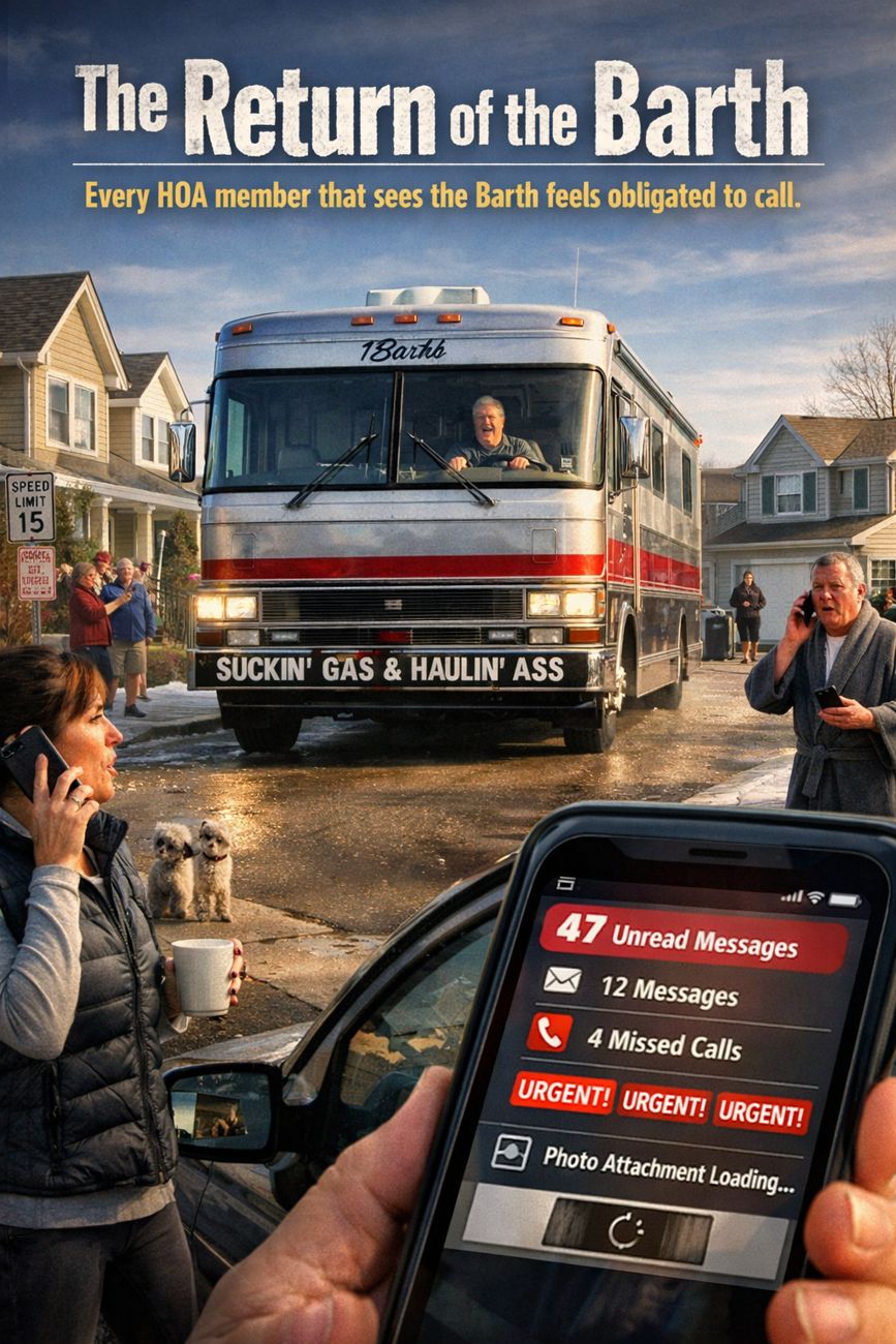 A Barth motorhome drives down a suburban street in the snow with a grinning driver at the wheel. On the pavements, several neighbours stand holding phones to their ears, one with a small dog. In the foreground a hand holds a phone showing forty-seven unread messages, twelve messages, four missed calls and urgent notifications. Title text reads The Return of the Barth, every HOA member that sees the Barth feels obligated to call.
