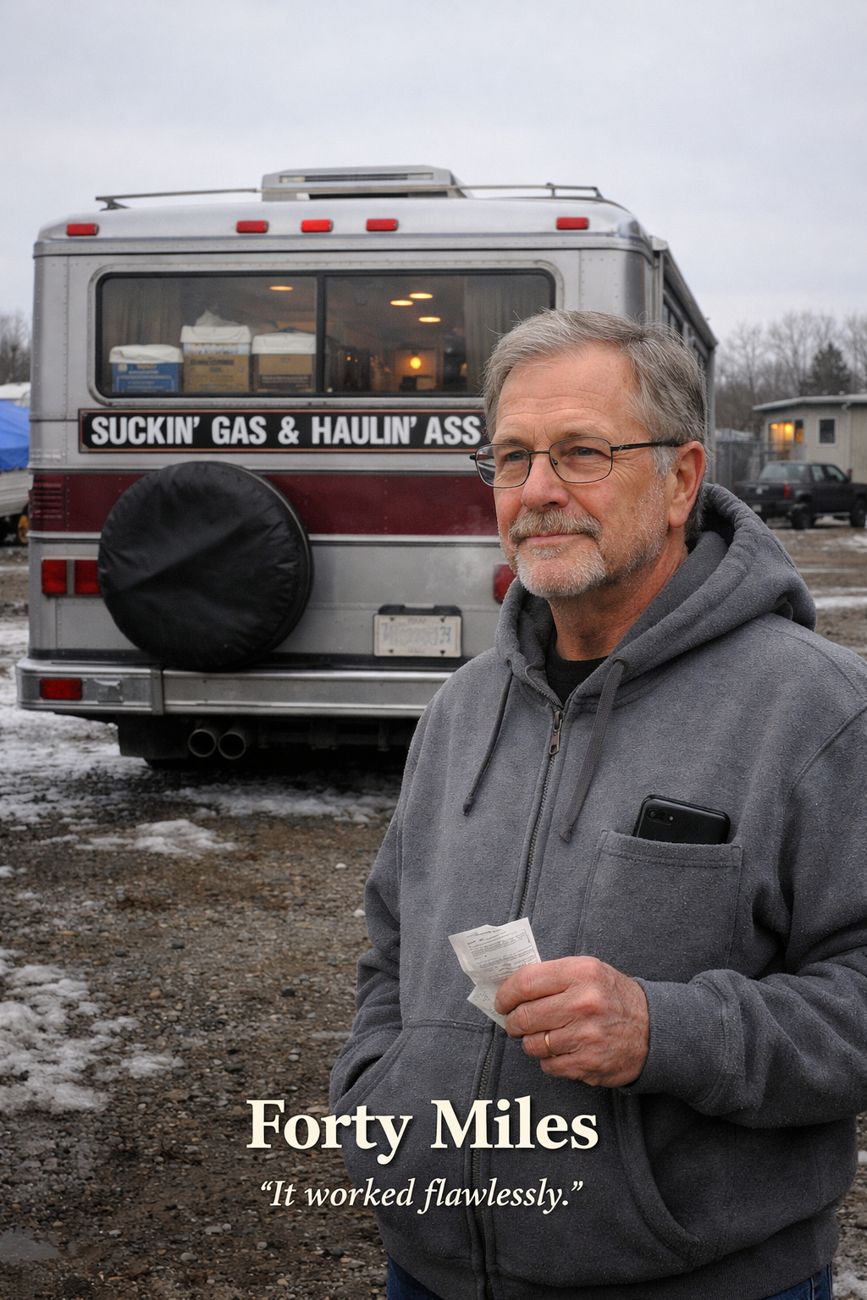 A man in glasses and a grey hoodie stands smiling faintly beside the rear of a Barth motorhome in a snowy storage lot, holding a folded receipt. The rear of the vehicle carries a placard reading SUCKIN' GAS AND HAULIN' ASS and a spare tyre cover. Grey sky, dirty snow, other RVs behind. Title text reads Forty Miles, it worked flawlessly.