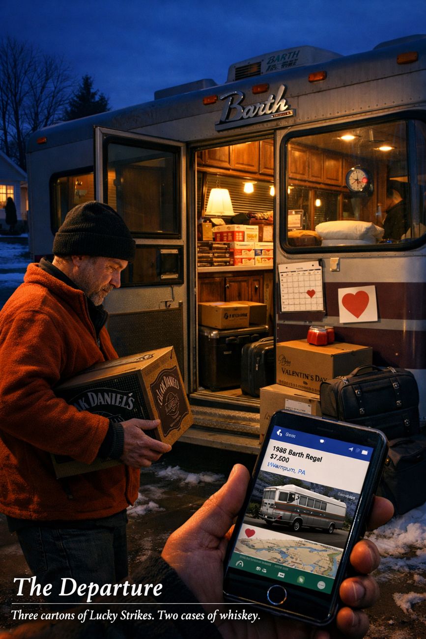 Night. A man in an orange fleece and beanie loads a case of Jack Daniel's into the lit doorway of a motorhome, cartons of cigarettes and packed luggage visible inside beside a wall calendar marked with a heart. In the foreground a hand holds a phone showing a listing for a 1986 Barth Regal at seven thousand dollars in Wampum, Pennsylvania. Title text reads The Departure, three cartons of Lucky Strikes, two cases of whiskey.
