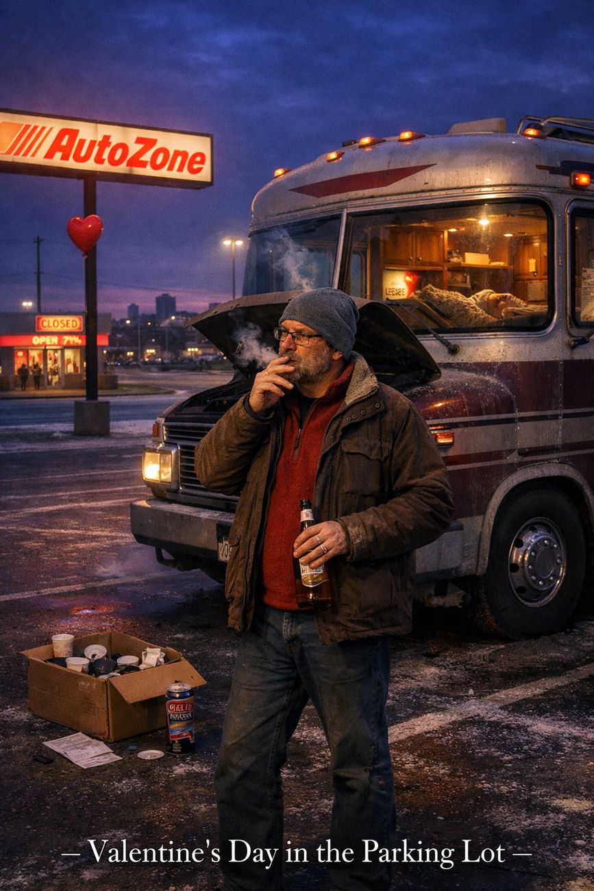 Pre-dawn in an auto parts store car park under a lit AutoZone sign. A man in a dark jacket stands beside a motorhome with its engine hatch open, cigarette in his mouth, a bottle in one hand, breath and smoke visible in the cold. A box of cans sits open on the wet asphalt. A heart-shaped decoration glows in the store window. Caption text reads Valentine's Day in the Parking Lot.