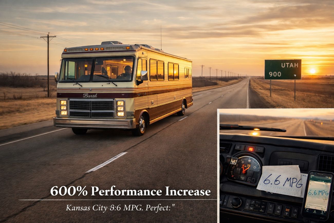 A grey and maroon 1988 Barth motorhome rolls down a flat two-lane highway at sunset, interior lights glowing in the windows, a green road sign reading UTAH 900 at the shoulder. An inset shows the dashboard: an analogue speedometer, a phone, and a handwritten note taped to the dash reading 6.6 MPG.
