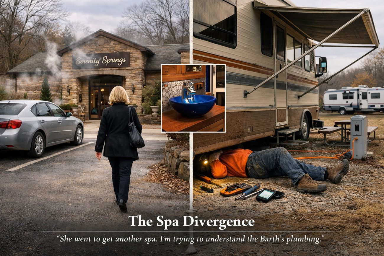 A split image. On the left, a woman in a black coat walks toward the stone entrance of a spa marked Serenity Springs, steam drifting from the building. On the right, at an RV park, a man in an orange fleece lies on gravel underneath a motorhome with only his legs and boots showing, a work light glowing under the chassis and tools scattered beside him. A small inset shows the motorhome's cobalt blue vessel sink.