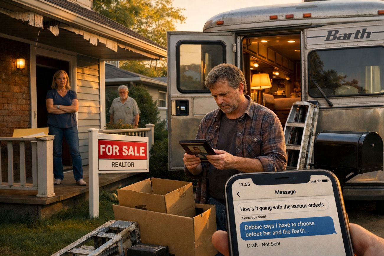 Golden evening light on a suburban house with a red For Sale sign in the yard. A man in a checked shirt stands beside a motorhome parked at the kerb, looking at his phone, a cardboard box at his feet and a ladder against the vehicle. A woman stands in the lit doorway of the house with her arms crossed, another figure beside her. Inset, a phone screen shows a draft message about having to choose.