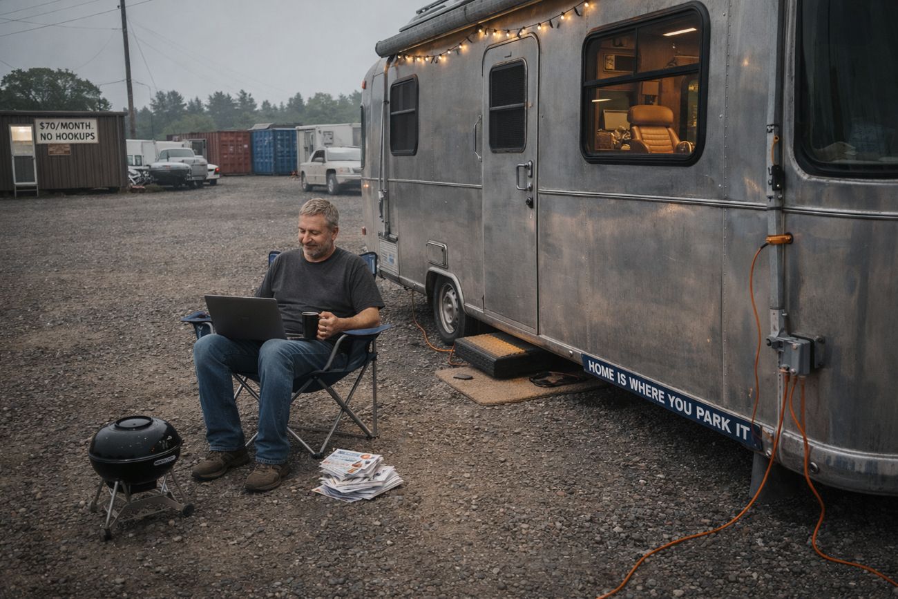 A wider version of the same fictional storage-lot scene: the man in the camping chair with his laptop beside the motorhome, an orange extension cord running away across the gravel, shipping containers and chain-link fencing behind, flat grey light.