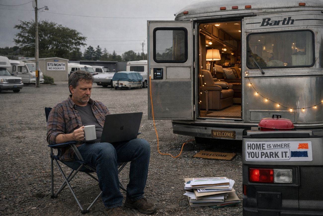 A man sits in a folding camping chair beside a weathered motorhome in a gravel storage lot on an overcast day, laptop on his knees, coffee mug in hand, a small charcoal grill and a stack of papers beside him. String lights hang along the vehicle's awning rail and a bumper sticker reads HOME IS WHERE YOU PARK IT. Other RVs and parked cars in the background.