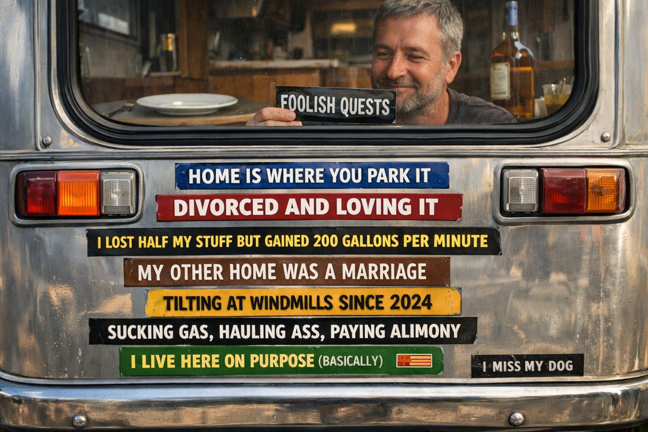 Close view of the rear of a motorhome covered in a grid of bumper stickers reading HOME IS WHERE YOU PARK IT, DIVORCED AND LOVING IT, I LOST HALF MY STUFF BUT GAINED 200 GALLONS PER MINUTE, MY OTHER HOME WAS A MARRIAGE, TILTING AT WINDMILLS SINCE 2024, SUCKING GAS HAULING ASS PAYING ALIMONY, I LIVE HERE ON PURPOSE, and a small one reading I MISS MY DOG. A man's reflection is visible in the rear window holding another sticker.