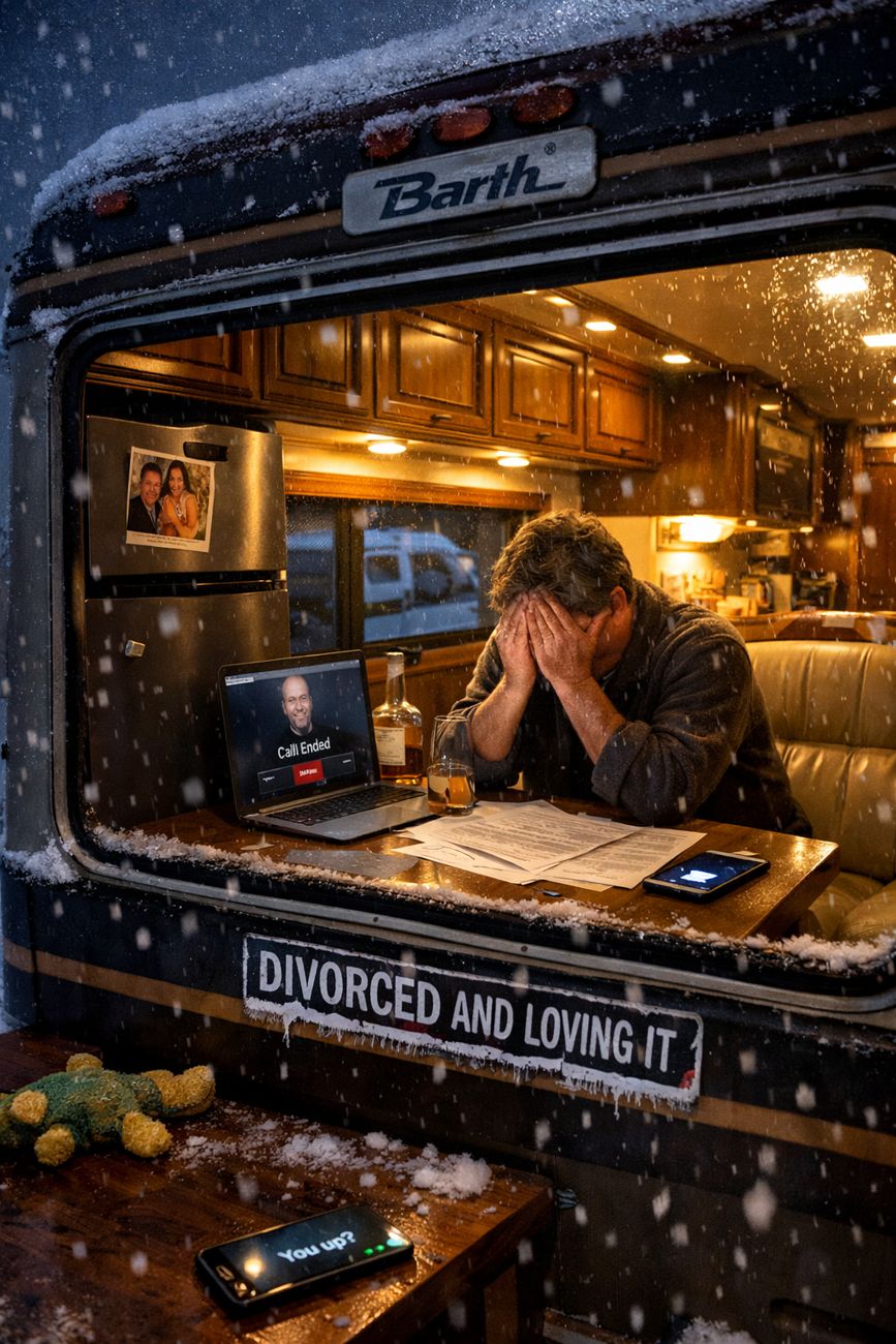 Night, snow falling. Through the lit side window of a motorhome, a man sits at a small dinette table with his head in his hands, a laptop open showing an ended video call, papers and a glass in front of him. A photograph is stuck to the fridge behind. Below the window, a bumper sticker reading DIVORCED AND LOVING IT is collecting snow, and a phone lies face down on the table.