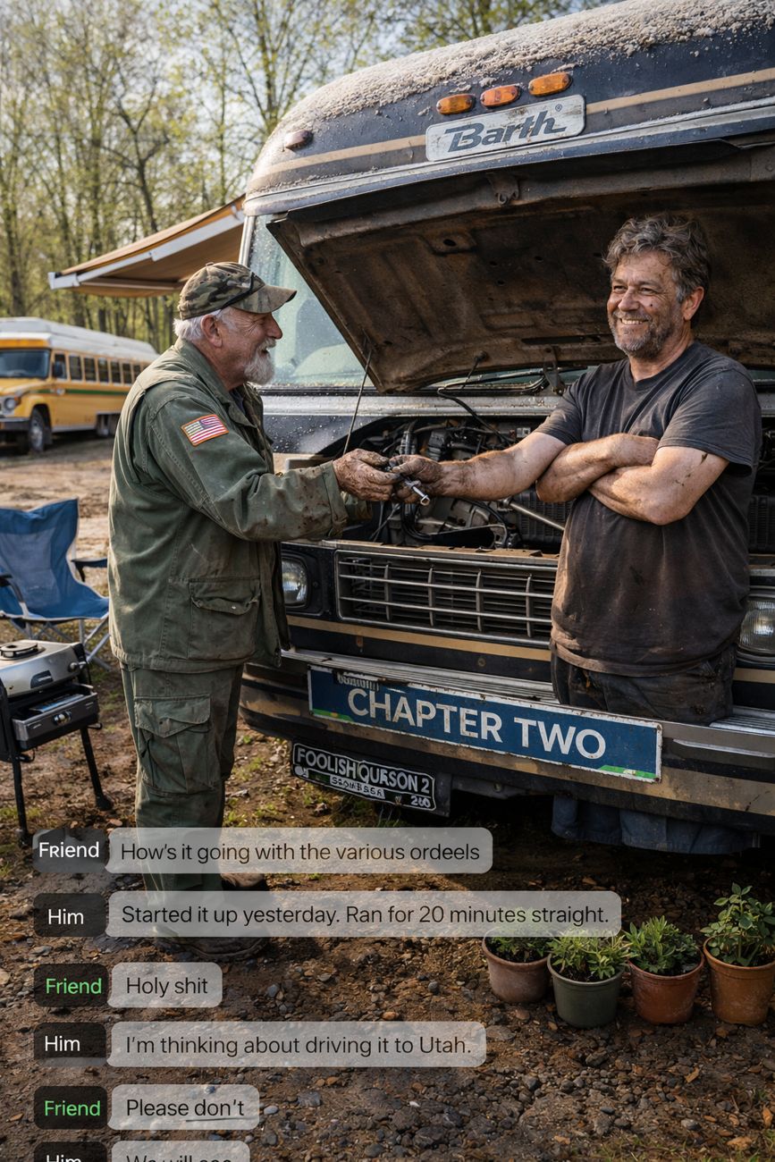 Spring morning at a gravel lot. Two men stand at the open engine compartment of a cleaned-up Barth motorhome, one older in a green jacket and cap handing over a tool, the other in a dark T-shirt with his arms folded, smiling. Potted herbs line the ground, camping chairs and a grill sit nearby, a school bus is parked behind. The licence plate reads CHAPTER TWO. Below, a text conversation ends with the words we will see.